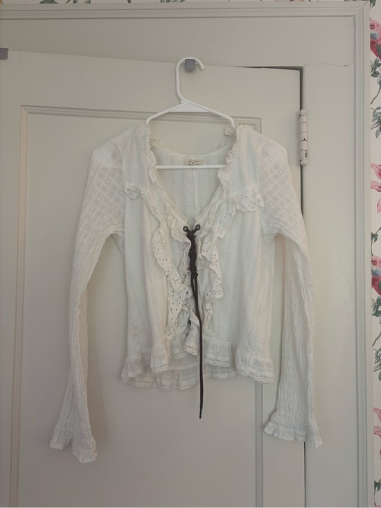 Pilcro Tops - Pilcro White Ruffle Lace-Trim Button Down Top